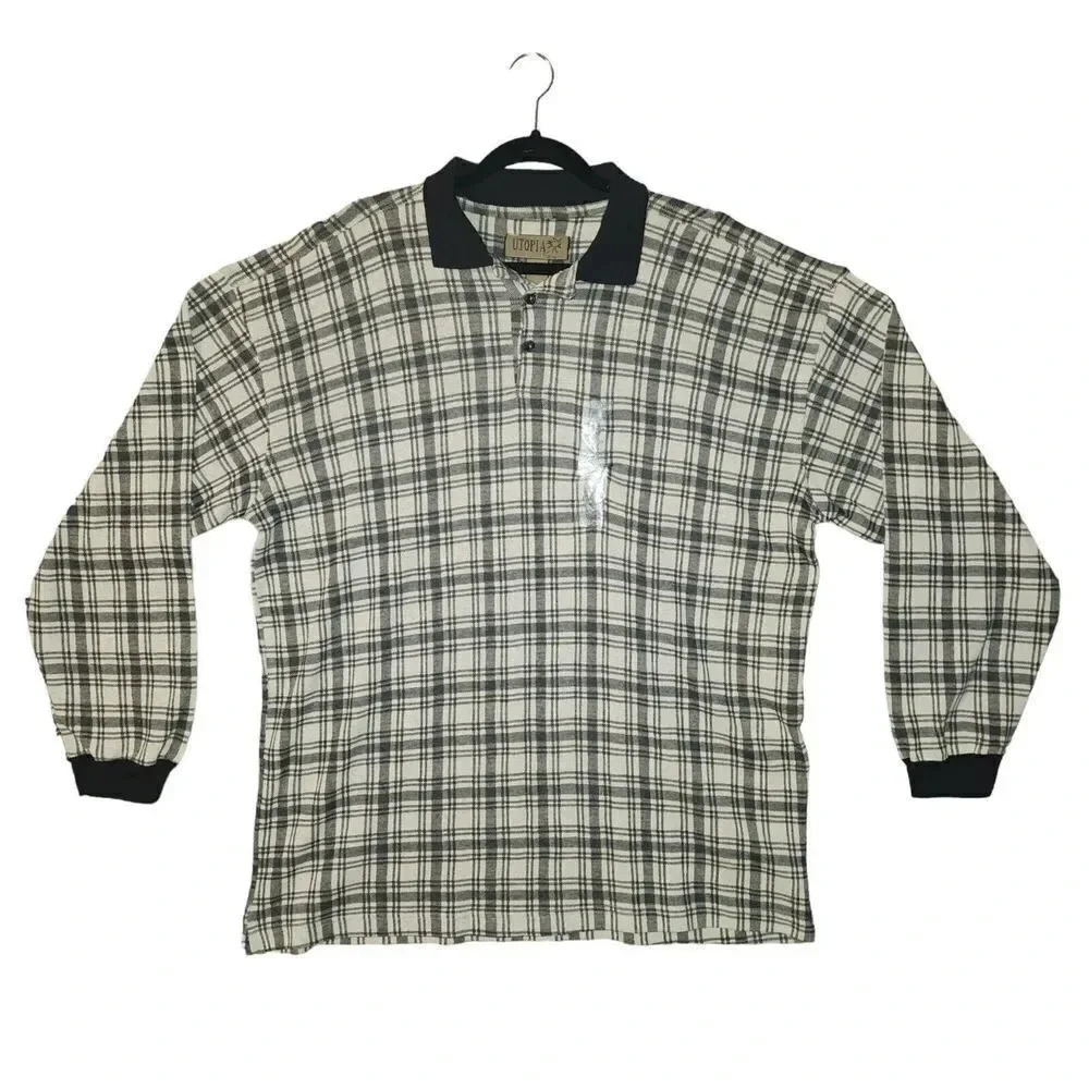 Utopia Shirt Men's Size Large Black White Plaid Ribbed Cuffed Long Sleeve Henley
